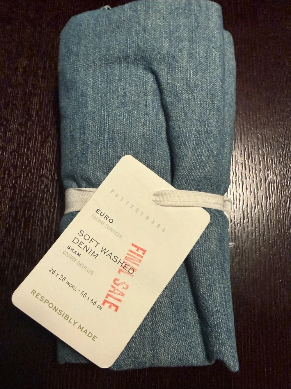 Pottery Barn Soft Washed Denim Euro Sham Blue 26” x 26” Cotton